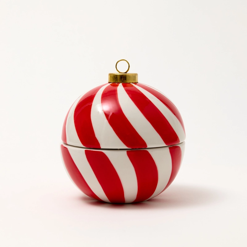 Christmas Stripe Bauble Ceramic Candle Jar - Red Christmas Stripe Bauble Ceramic Candle Jar - Red