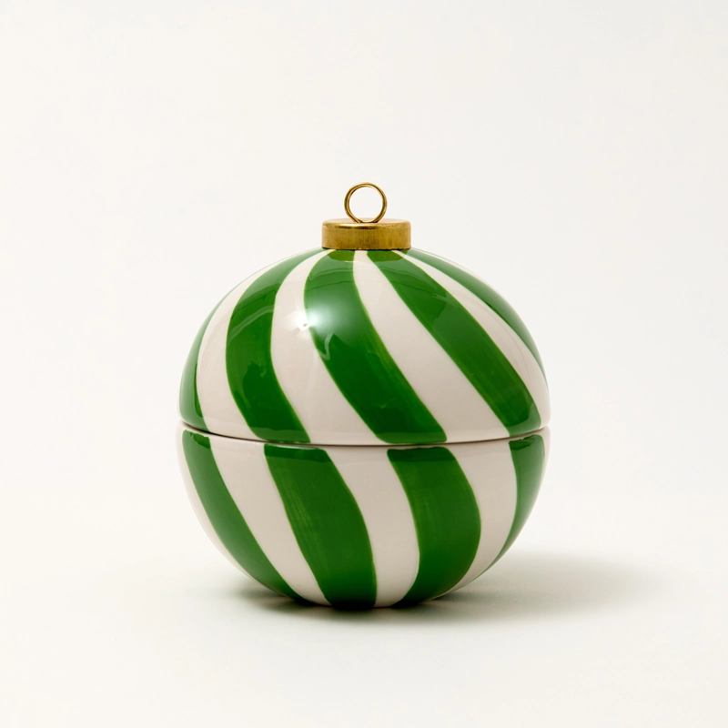 Christmas Stripe Bauble Ceramic Candle Jar - Green Christmas Stripe Bauble Ceramic Candle Jar - Green